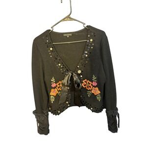 Panitti Womens XL Black Cropped Cardigan Floral Embroidered Sequin Tie Front